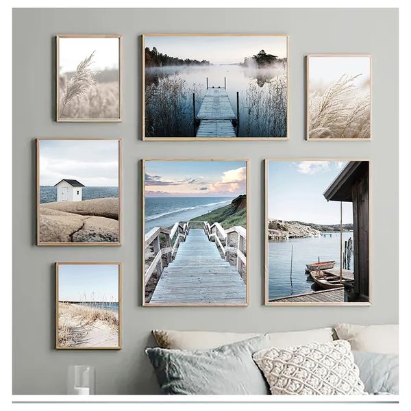 Nordic Landscape Poster Beach Bridge Bridge Leinwand Malerei Skandinavisches Wohnzimmer Dekoration Bild Morgen Sonnenaufgang Wandkunst Print Woo