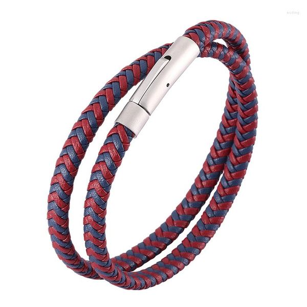 Bracelets de charme homens da moda jóias de joias vermelhas azul multicamadas pulsamia trançada pulseira de aço inoxidável fivela de fivela banglice gift sp0495