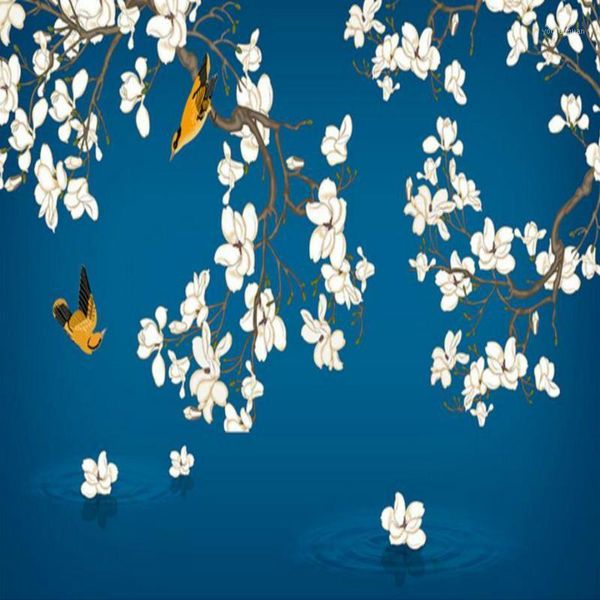 Wallpapers Home Improvement 3D-Wandpapierrollen Wasserdichte Seidentapete für Wände Wandgemälde Hintergrund Blau Handbemalte Magnolienvogel1