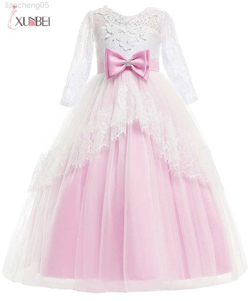 Abiti da ragazza Xunbei Pizzo azzurro Flower Girl Dres Lunghezza del pavimento Appliqued Abiti da spettacolo per le donne Festa di nozze Cocktail Abito da principessa W0224