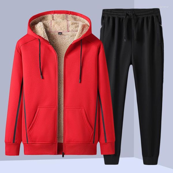 Erkek Trailsits Kış Men Sports Suit 2 parçalı hırka ceket pantolon kuzu yün kalınlaşmış rahat kadınlar kapüşonlu peluş astar sıcak setler 5xl