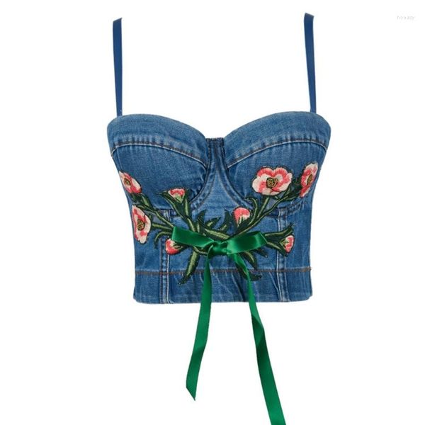 Regata feminina retrô denim lavado corpete sutiã laço de fita bordado floral camisola colete sexy com alça fina espartilho tops curtos