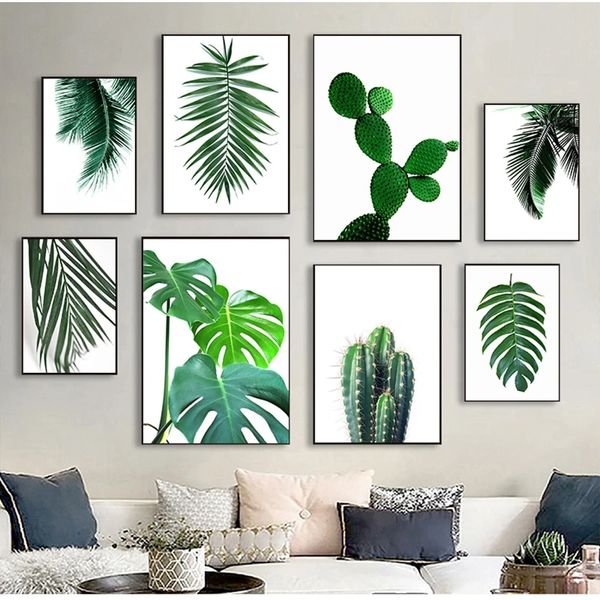 Cartazes e impressões nórdicos Arte da parede Picture Decoração em casa Cacto verde fresco Big Tropical Folhas de lona Plantas de pintura Woo