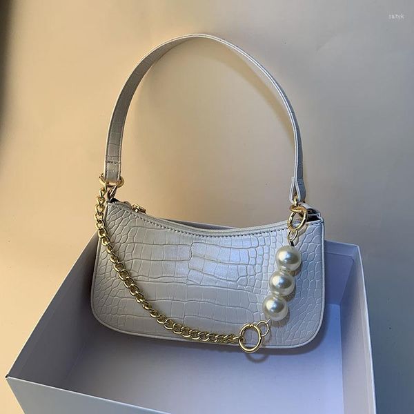 Abendtaschen PU-Leder Frauen Designer Handtasche 2023 Mädchen Shopper Geldbörse Mode Lässig Französischer Stil Krokodilmuster Perlenkette Schulter