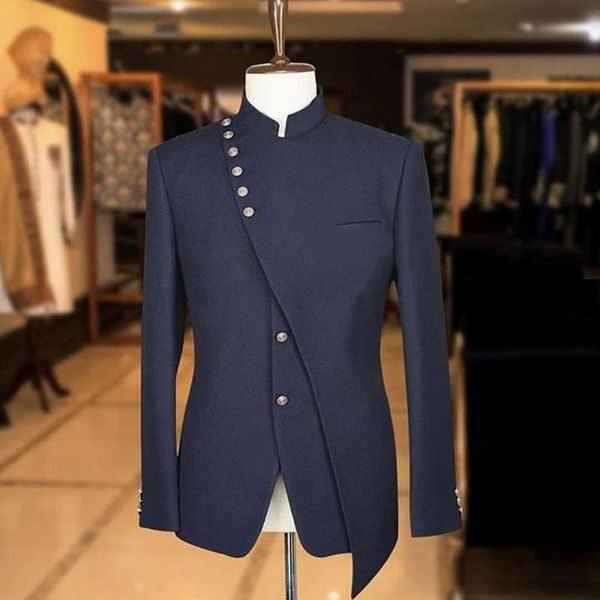 Abiti da uomo Blazer 2023 Arrivo Colletto alla coreana Blu navy 2 pezzi Slim Fit Custom Made Bello Sposo Smoking da sposa Skinny