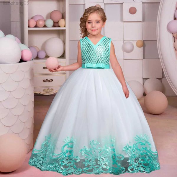 Mädchen Kleider 2023 Teen V-Ausschnitt Spitze Kinder Brautjungfer Kleid für Mädchen Kinder kommen Blume Bogen Prom Prinzessin Kleider Mädchen Party Kleid Vestido W0224