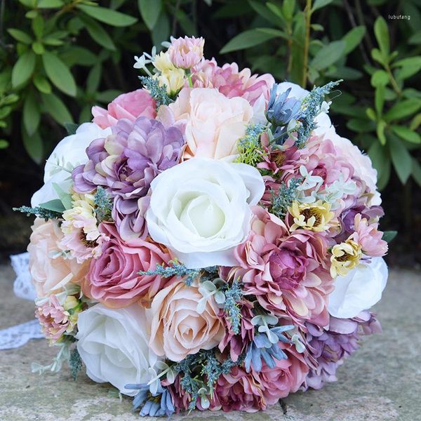 Fiori decorativi Vintage Wild Rose Gerbera Bouquet da sposa Bridal De Mariage Bride Flower Garden Decoration Decor