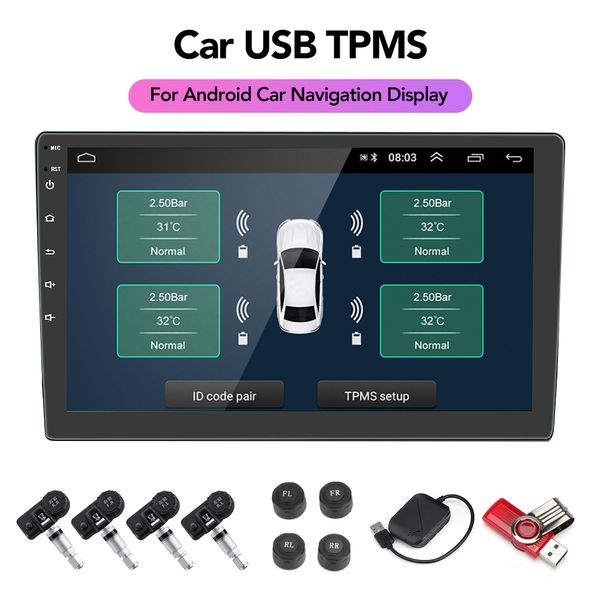 Android TPMS per autoradio Lettore DVD Sistema di monitoraggio della pressione dei pneumatici Ruota di scorta Sensore esterno interno USB TMPS