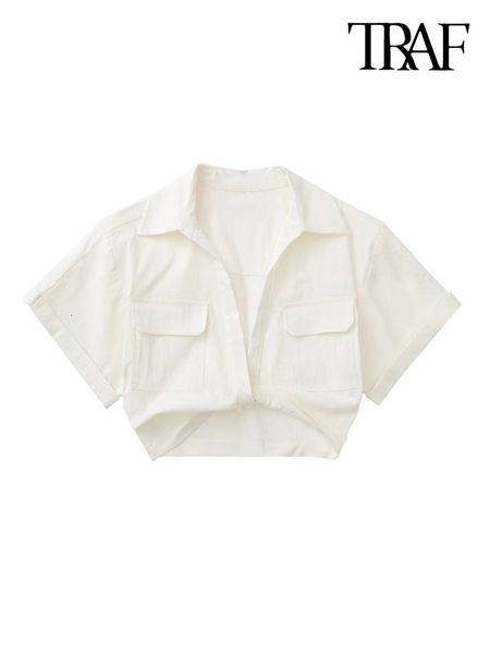 Damesblouses Overhemden TRAF Damesmode Voorknoop Elastische linnen bijgesneden shirts Vintage korte mouw Opgestikte zakken Damesblouses Blusa Chic Tops 230223