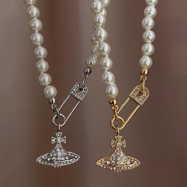 20 hochwertige Perlen Designer Design Pin Saturn Perlen Anhänger Damen Diamant Halsketten Kupfer vergoldet Schmuck Halskette Perlen