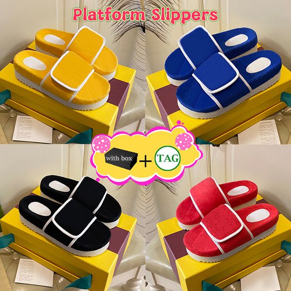 Mit Box Designer Slipper Herren Damen xAD Baumwollschwamm Magic Tape Geprägte Plateausandalen Sommer Luxus Strand Gelb Schwarz Grün Blau Rot 5,5 cm Herren Damen Hausschuhe