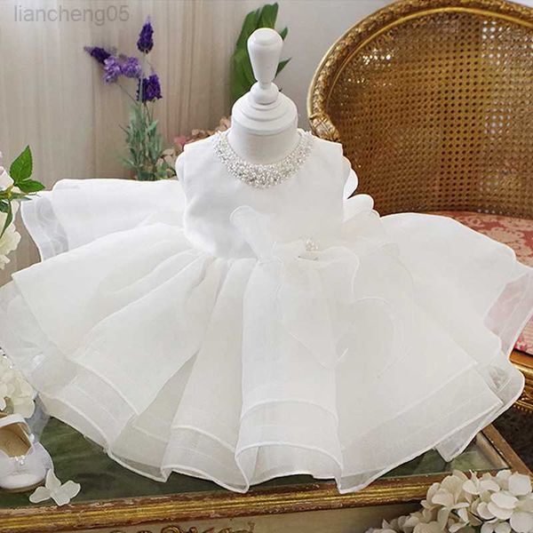 Mädchenkleider Weiße Tüll-Perlen-Baby-Kleider für Hochzeit, Prinzessin, flauschige Spitze, Baby-Taufe, Taufe, 1. Geburtstag, Partykleid W0224