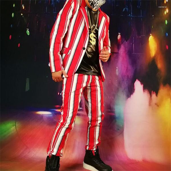 Мужские костюмы красные белые полосы Blazer Men Designs Jacket Mens Sate Costumes для певцов одежда Star Style платье B701