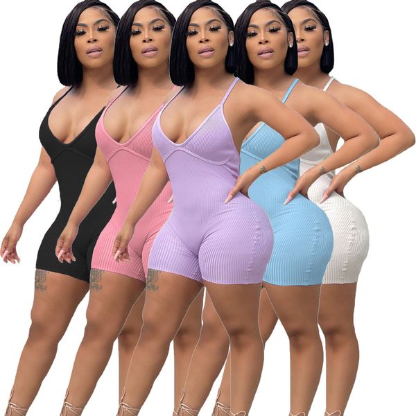 Macacões com nervuras sexy de grife feminino verão sem mangas macacões com alças espaguete casuais decote em V bodycon playsuit de uma peça macacão roupa de clube roupas por atacado 9325