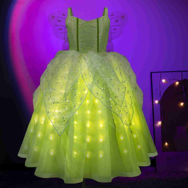 Vestidos de menina Tinker Bell Fairy Led Light Up Dresses for Girls Cosplay Flower Fairy Princess Dress Christmas Carnival Birthday Party Come W0224