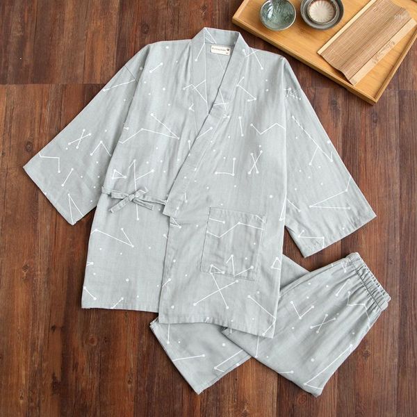 Frauen im japanischen Stil Kimono Baumwollpyjamas V-Ausschnitt Pijamas Frauen 2 Stück Set Doppelschicht Gaze Schlaftife Tops