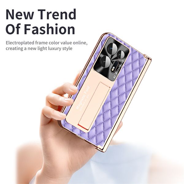 Moda pequena capa de telefone de couro de rombus de pele simples para oppo Encontre a concha de suporte oculto N2 com protetor de vidro