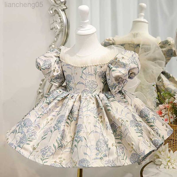 Kız Elbiseleri Yoliyolei Kabarık Çocuklar Elbise Prenses Yaz Yeni Puf Kolları Çiçek Jakard Diz Uzunluk Moda 1. Doğum Günü Partisi Elbiseler W0224