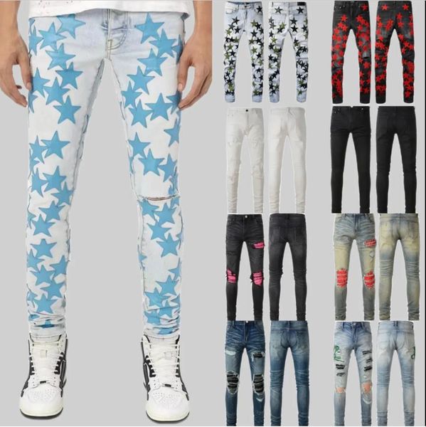 Jean designer jeans Men patchwork estrelas padrão desig 23 cores calças Longo hippop Sticker Bordado Slim Denim Straight streetwear Calças skinny atacado 28-40