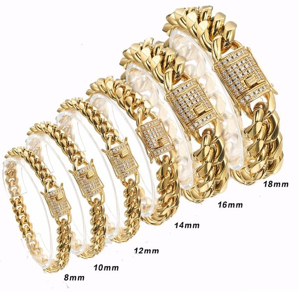 Bracelets de charme Chegada 81012141618mm Aço inoxidável Miami Curb Chain Chain Bracelet Crystal Fasting Flop