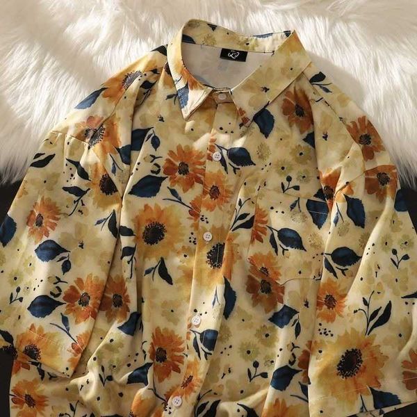 Männer-Freizeithemden Vintage böhmische Blumen-Ölgemälde-Knopf-Herrenhemd lose beiläufige Kurzarm-Top-Sommer-Strand-Hawaii-koreanische Mode Z0224