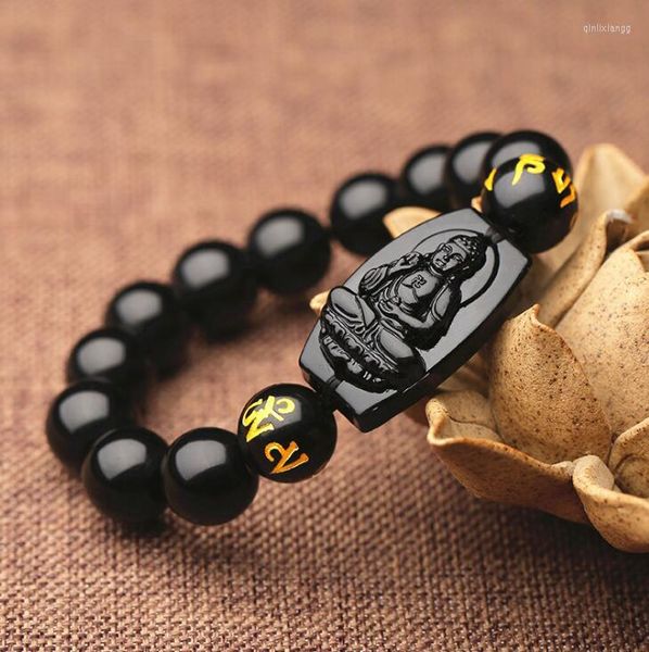 Strand 10mm de alta qualidade Obsidiana negra Buda esculpida Buda Lucky Amulet Redonda Bracelete para homens Jad e jóias