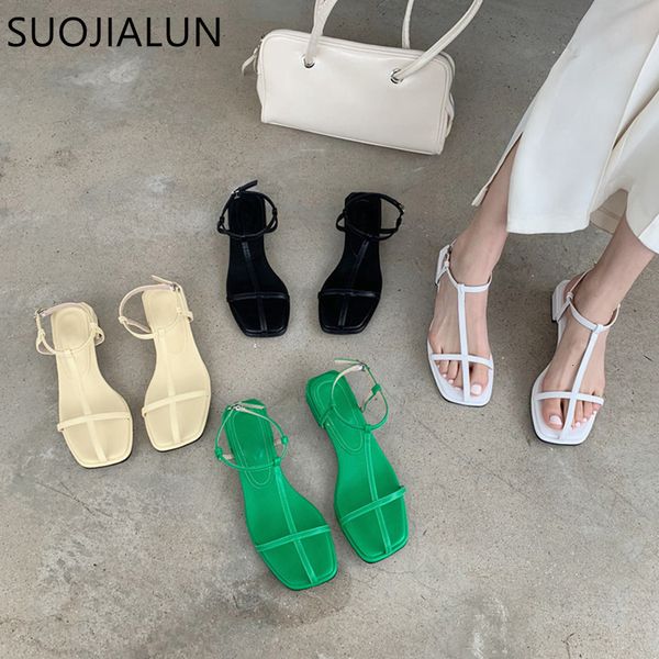 Sandálias Suojialun Summer Brand Women Sandal Fashion Band estreita Banda Ladies Dress Shoes Gladiator Sapatos quadrados salto baixo Torno