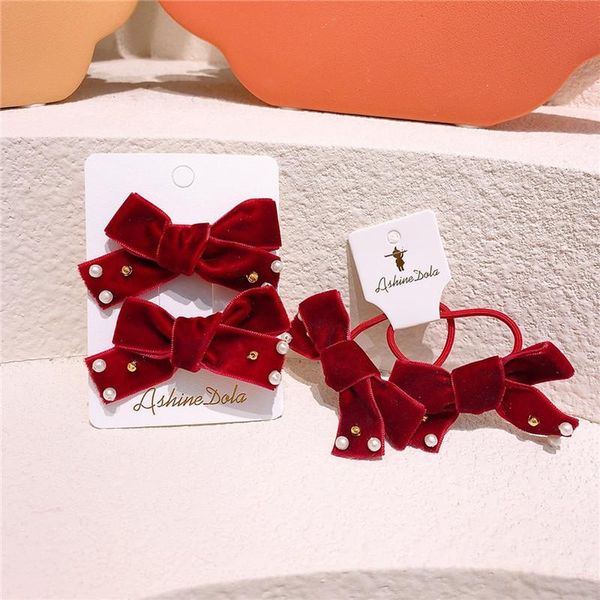 Accessori per capelli Ragazza carina coreana Corda rossa con perline in velluto Bowknot Princess Sweet Clip per la moda per bambini