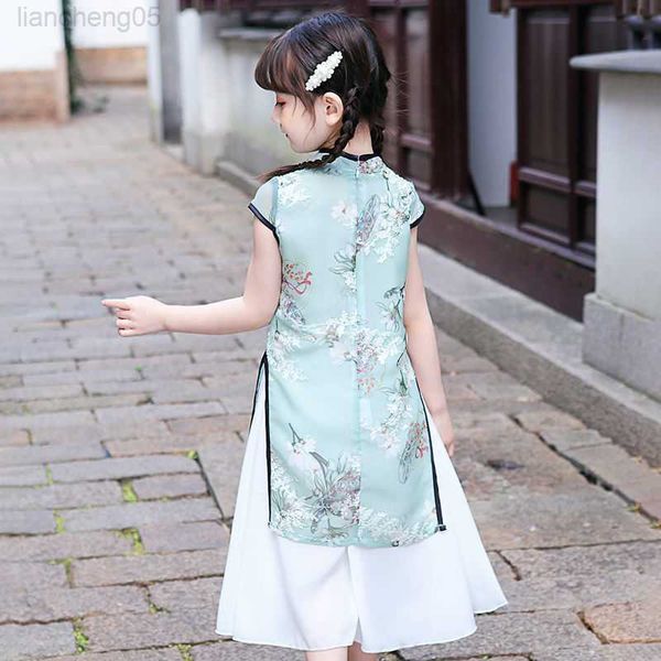 Vestido de meninas Cheongsam vestido de verão de verão Hanfu Salia chinesa chiffon qipao vestido de manga curta respirável LE410 W0224