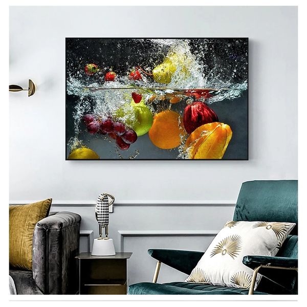 Dipinti in acqua Cucina Decorazioni per la casa Immagini a parete di grandi dimensioni per soggiorno Poster Dipinti su tela HD 1 Pezzi Frutta fresca calda Verdure Woo