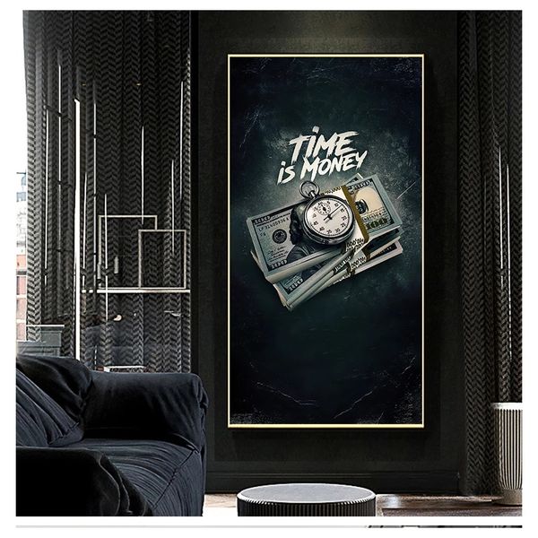 Pittura vintage Il tempo è denaro Wall Art Citazioni nordiche Poster Home For Living Room Decorazione Cornice Immagini modulari Stampa su tela Woo