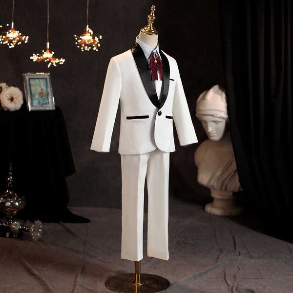 Conjuntos de roupas formais crianças vestido branco terno conjunto menino festa de aniversário passarela casamento anfitrião piano desempenho vêm crianças blazer colete calças