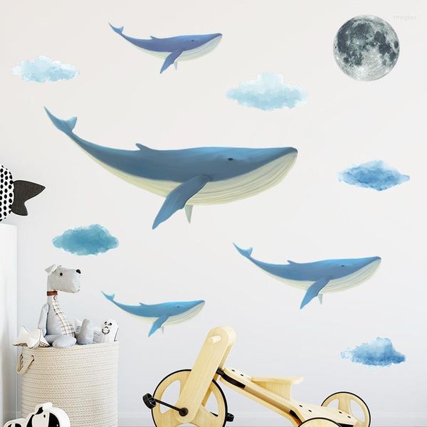 Adesivi murali Cartone animato Balena Nuvole Luna Per bambini Animali Decorazioni per la casa Decalcomania per il bagno Soggiorno Decorazioni per la camera da letto Murale