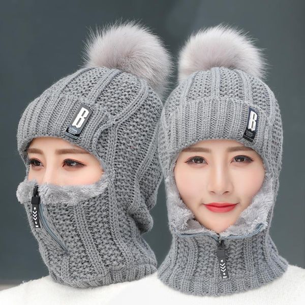 Beanies Beanie/Kafatası Kapları Mercan Polar Kış Kadın Örme Şapkalar Fermuarla Kürk Ekle Yüzü Sıcak Balaclava Ponponsu Kapak