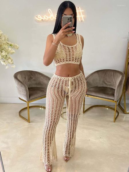 Biquíni de roupas de banho feminina encobrir calças de praia feminina de crochê de crochê sexy sexy corpore corconcon fishnet transparente praia roupas de férias de verão banho