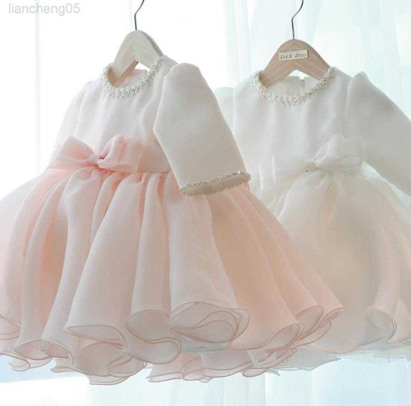 Mädchenkleider Langarm Baby Mädchen Kleider Perlen Schleife Taufkleid für Prinzessin 1 Jahr Geburtstag Party Hochzeitskleid Baby Taufkleidung W0224