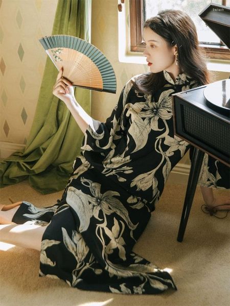 Ethnische Kleidung Jumpsuit Damen 2023 Ancient Black Print Chinesischer Stil Elegant Young National Cheongsam in voller Länge