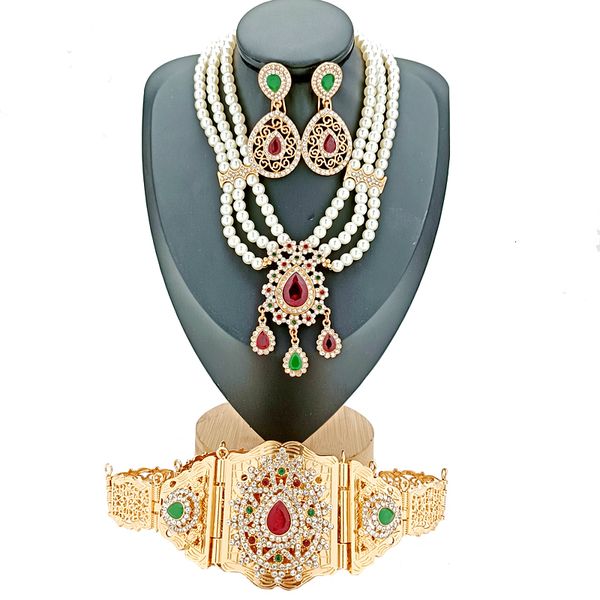 Bel Zincir Kemerleri Arap Düğün Takı Seti Moda Yeşil Kristal Kolye Fas Metal Kemer İmitasyon İnci Küpeler Kadınlar İçin Kolye 230224