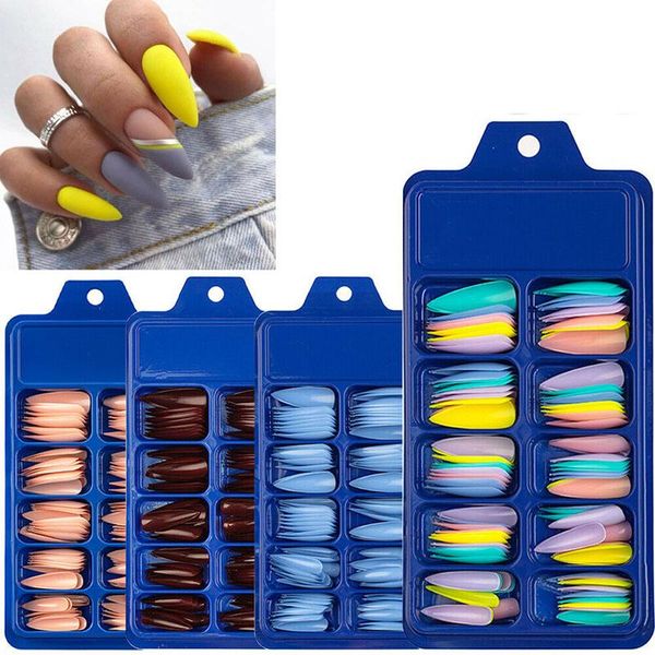 Unghie finte 100 pezzi French Nail Press su punte trasparenti per strumenti per manicure con estensione colore solido a spillo lungo 2023