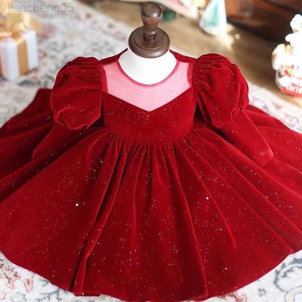 Vestidos de menina 1-12 vestido de aniversário vestido bebê pegam semana vinho vermelho inverno inverno comprido flor menina de casamento criança vestido de princesa w0224