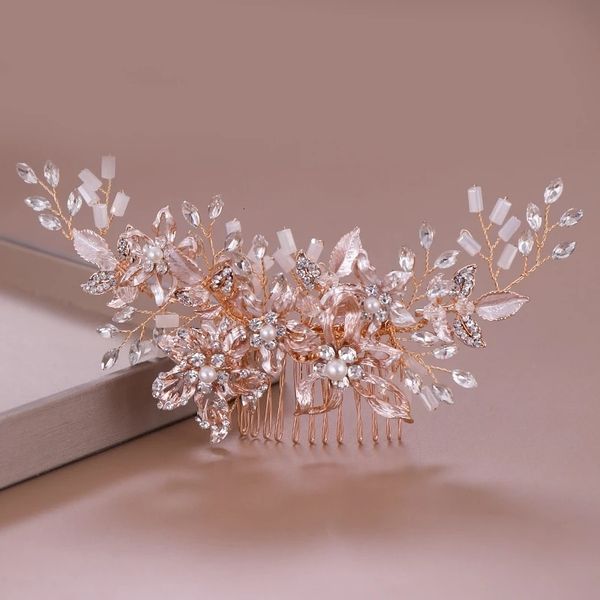 Cabelo de casamento Jóias de ouro cor de ouro rosa Cristal pérola Flor Flor Pente Noiva Capacete de hóspedes Tiaras Acessórios de casamento Jóias de cabelo de luxo 230223