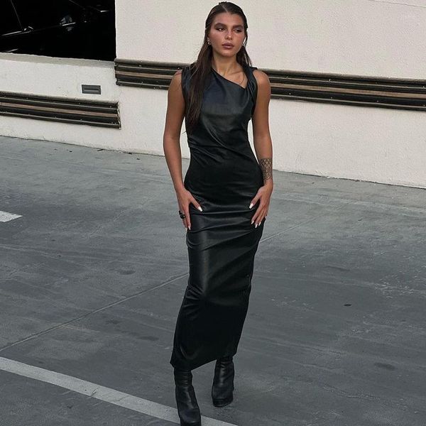 Casual Dresses 2023 PU-Leder ärmellos schwarz drapiert Reißverschluss Schlitz Elegant Sexy Slim Maxi Prom Kleid Winter Frauen Y2K Streetwear Party
