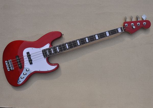 4 dizeler Metalik kırmızı elektrik bas gitar gül ağacı klavye beyaz blok kakmalar özelleştirilebilir