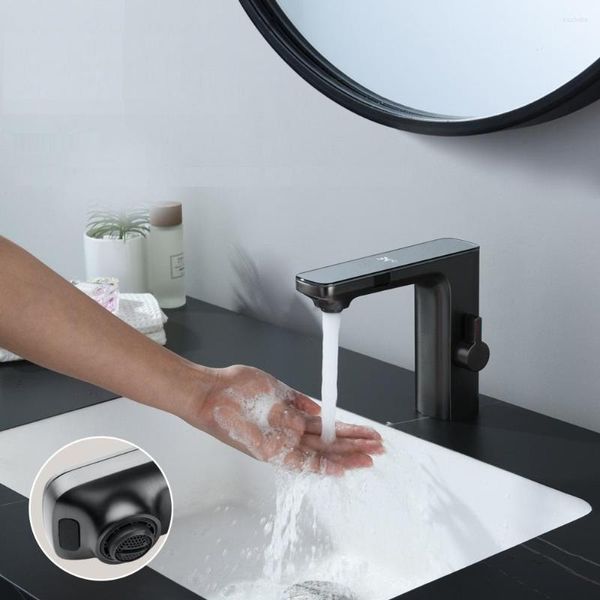 Rubinetti per lavandino del bagno Gun Grey Montaggio su piattaforma Rubinetto con sensore automatico Lavabo Touchless Display digitale freddo a infrarossi Rubinetto della temperatura