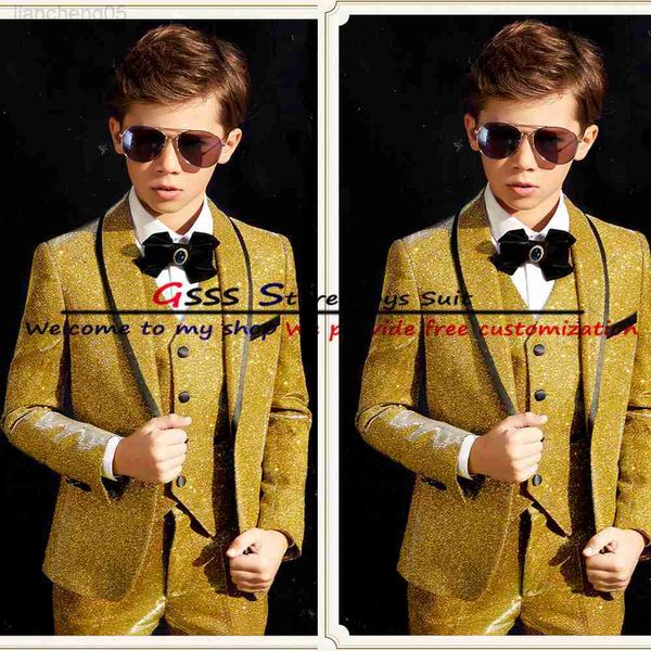 Set di abbigliamento Abiti da 3 pezzi per ragazzi Giacca da smoking da sposa Pantaloni Gilet Giacca da bambino in seta lucida Set 3-16 anni Completo completo personalizzato W0224