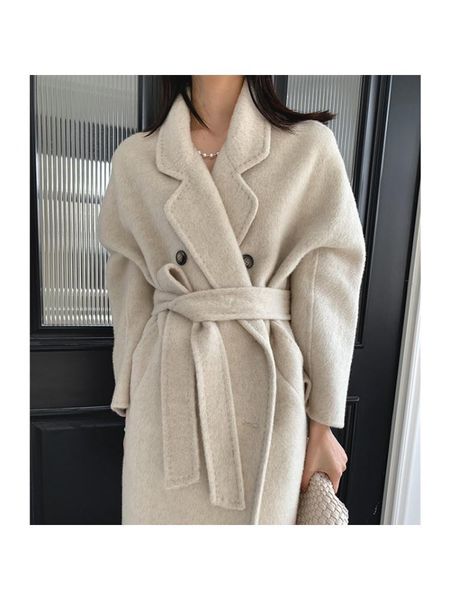 Giacche da donna HighEnd Coniglio Lana Seta di gelso Doppio petto Caldo soprabito lungo Donna Inverno Versione coreana Giacca cappotto di lana bianca 230223