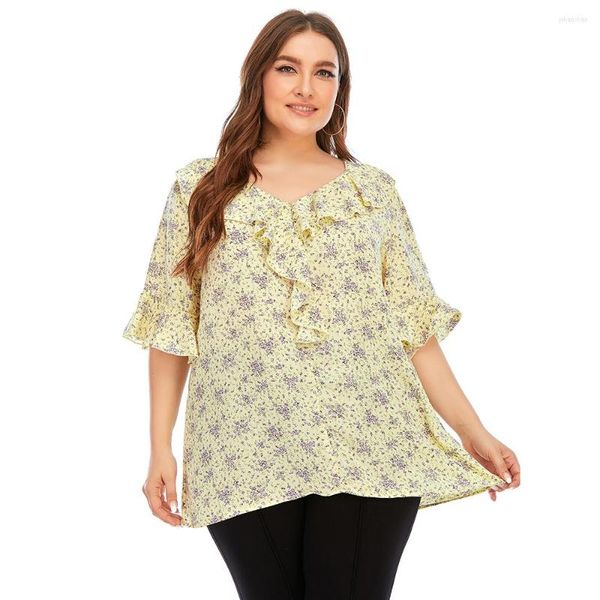 Camicette da donna 5XL Plus Size Camicetta lunga Camicetta da donna Summer Ruffles Scollo a V Mezza manica Stampa floreale Boho Chiffon Loose Ladies Tunica Top