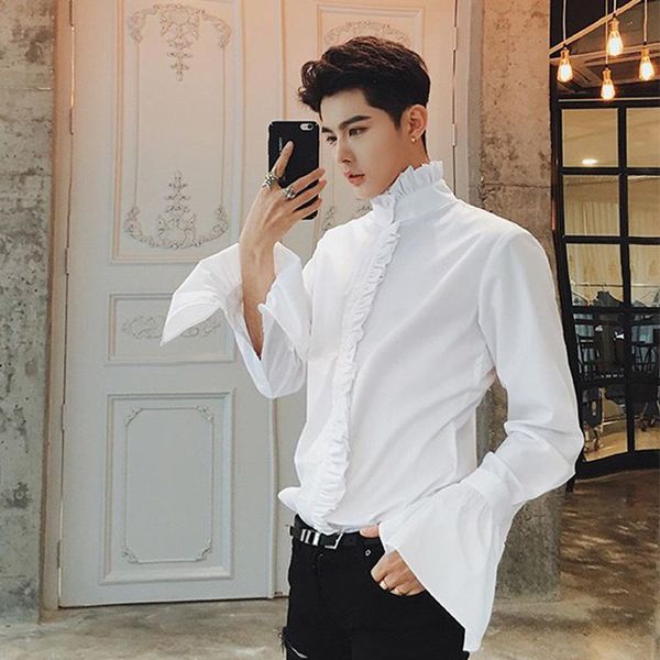 Camisas casuais masculinas Bruffles camisa branca preta de manga comprida Flare Inglaterra Clube Clube Hairstylist Stand Collar Blouse V12Men's