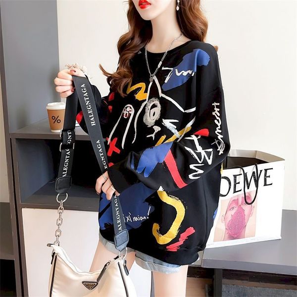 Moletons femininos moletons de grandes dimensões Mulheres Mulheres Spring Autumn Trend Thin Style Corean Fashion Fashion Cartoon Prind Pullover LODE Design Top 230224