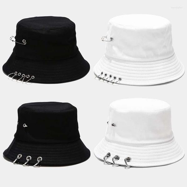 Berets K Harajuku Hip Hop Eimer Hut Punk Spiked Nieten Metall Ringe Fischer Kappe Outdoor Streetwear Sommer Panama Hat